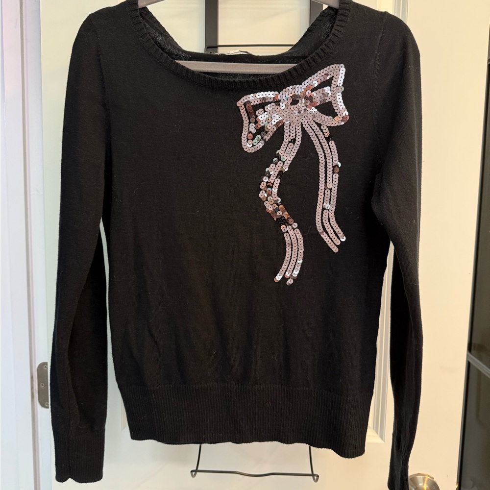 Elegant Black Sweater with Sequin Bow